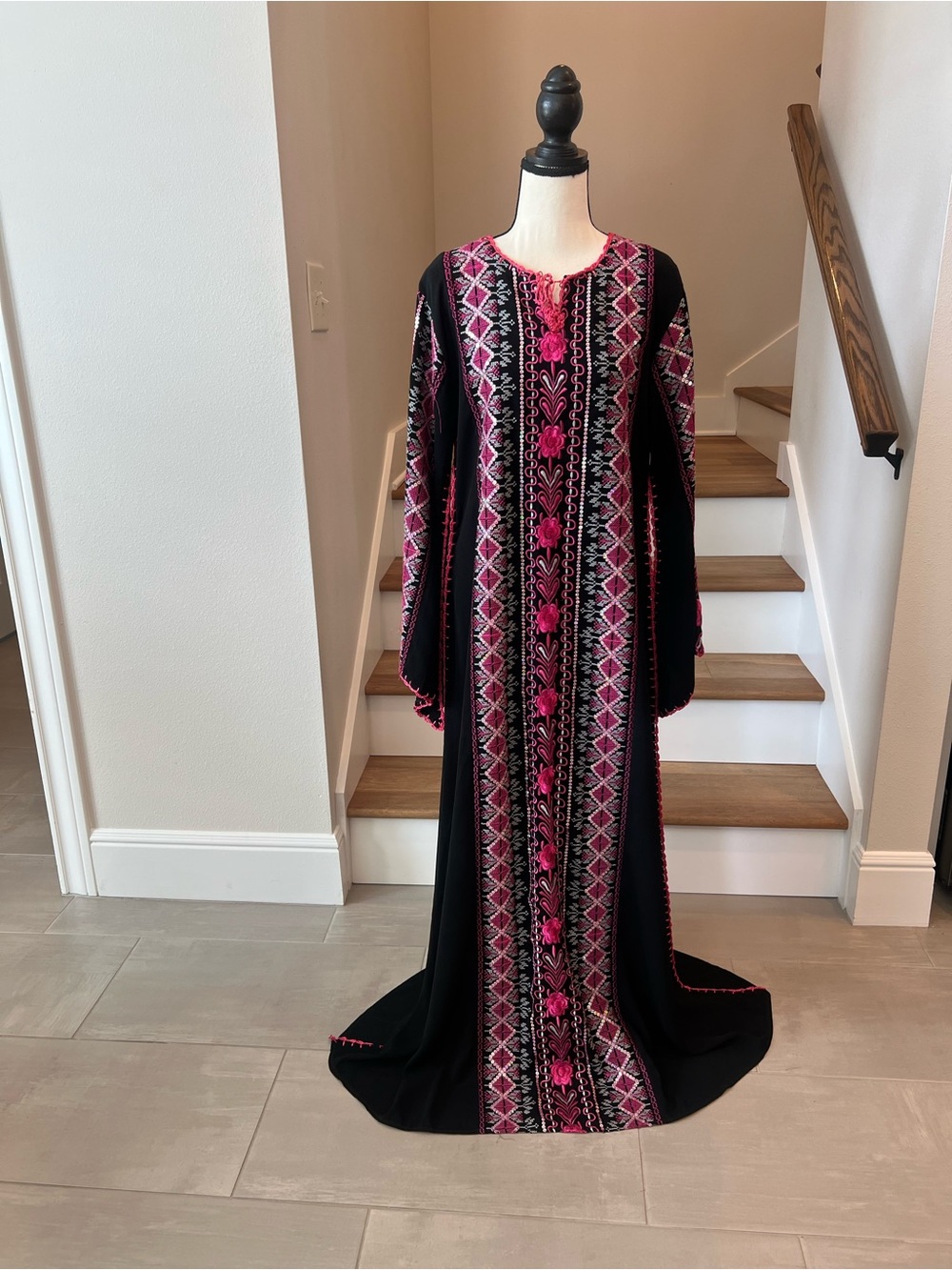 Black & Pink Embroidered Kaftan Maxi Dress